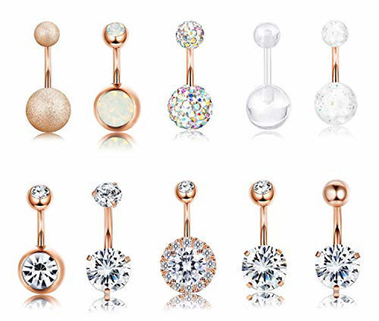 Picture of Finrezio 10 PCS 14G Surgical Steel Belly Button Ring Navel Ear Rings CZ Body Piercing Jewelry 10 mm/6 mm Bar (Rose Gold Tone, 10)