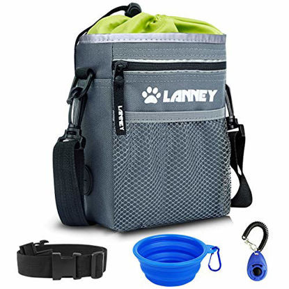 Picture of Dog Treat Pouch Pet Training Bag for Small to Large Dogs, Treat Tote Carry Kibble Snacks Toys for Training Reward Walking, Metal Clip, Waist belt, Shoulder Strap, Poop Bag Dispenser, Clicker, Bowl