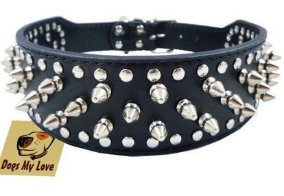 Picture of 19"-22" Black Faux Leather Spiked Studded Dog Collar 2" Wide, 37 Spikes 60 Studs, Pitbull, Boxer