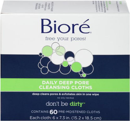 Picture of Bioré Daily Facial Cleansing Cloths, with Dirt-grabbing Fibers for Deep Pore Cleansing and Makeup Removal without Oily Residue, New Version, Unscented, 60 Count