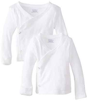 Picture of Gerber Unisex-Baby Newborn 2 Pack Long Sleeve Side Snap Mitten Cuffs Shirt, White, 0-3 Months