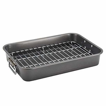 Picture of Farberware Bakeware Nonstick Steel Roaster with Flat Rack, 11-Inch x 15-Inch, Gray