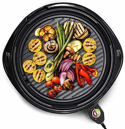 Picture of Elite Gourmet EMG-980B Large Indoor Electric Round Nonstick Grill Cool Touch Fast Heat Up Ideal Low-Fat Meals Easy to Clean Design Dishwasher Safe Includes Glass Lid, 14", Black