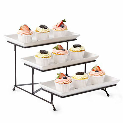 Picture of 3 Tier Serving Stand Collapsible Sturdier Rack with 3 Porcelain Serving Platters Tier Serving Trays for Fruit Dessert Presentation Party Display Set