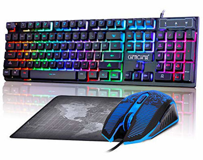 Picture of Gaming LED Wired Keyboard and Mouse Combo with Emitting Character 4800DPI 2 Side Button USB Mouse Rainbow Backlit Mechanical Feeling Compatible with PC Raspberry Pi Mac Xbox one ps4 with Mousepad