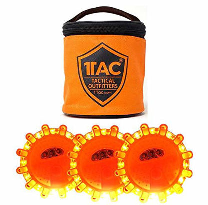 Picture of 1TAC 3 Pack LED Road Flare Emergency Lights Roadside Safety Beacon Disc Flashing Warning Flare Kit With Zip Pouch Magnetic Base Utility Hook For Car Truck Boats | Waterproof Crush Proof