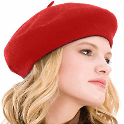 Picture of Kimming Womens Beret 100% Wool French Beret Solid Color Beanie Cap Hat, Solid Red, One Size