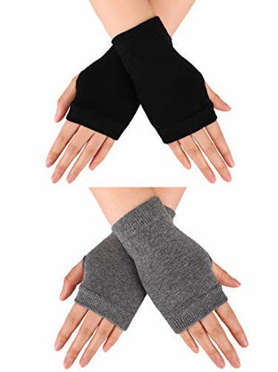 Picture of Blulu Fingerless Warm Gloves with Thumb Hole Cozy Half Fingerless Driving Gloves Knit Mittens for Men, Women (Black, Grey, 2 Pairs)