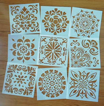 Picture of Mandala Reusable Stencil Set of 9 (6x6 inch) Painting Stencil, Laser Cut Painting Template for DIY Decor, Painting on Wood, Airbrush, Rocks and Walls Art