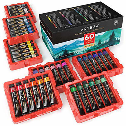 Picture of Arteza Watercolor Paint, Set of 60 Colors/Tubes (12 ml/0.4 US fl oz) with Storage Box, Rich Pigments, Vibrant, Non Toxic Paints for The Artist, Hobby Painters, Ideal for Watercolor Techniques