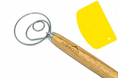 Picture of Torwood Danish Dough Whisk Bread Mixer Large 13.5 inches Stainless Steel Wooden Dutch Hook for Baking, Loaves, Pastries and Pizza, comes with a Dough Scraper