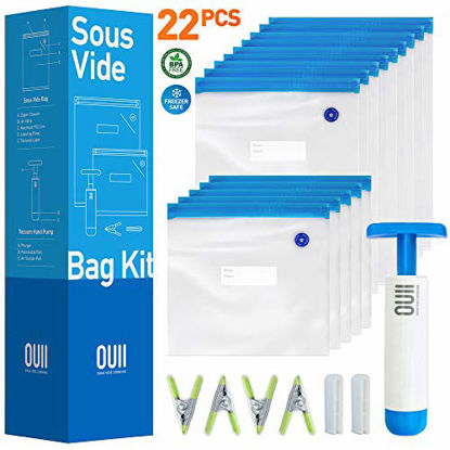 Picture of OUII Sous Vide Bags for Joule and Anova Cookers - 15 Reusable BPA-Free Sous Vide Bags with Vacuum Hand Pump in Various Sizes -Vacuum Sealer Bags Food Storage Freezer Safe - Fits Any Sous Vide Machine