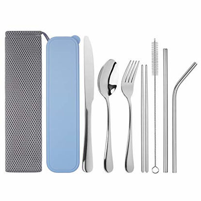 Picture of Travel Utensils, Tifanso Reusable Utensils with Case, Portable Travel Camping Cutlery Set, 9-Piece including Knife Fork Spoon Chopsticks Cleaning Brush Metal Straws, Stainless Steel Flatware Set