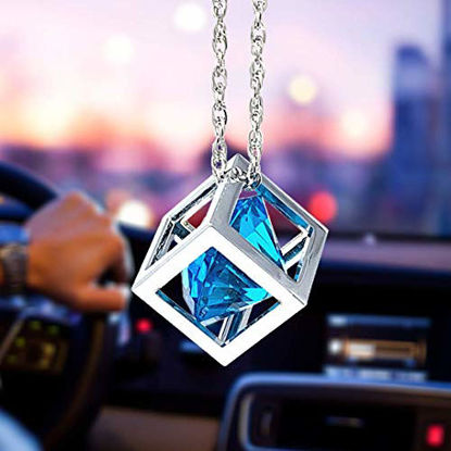 Picture of Blue Diamond Cube Crystal Car Rear View Mirror Charms, Bling Car Accessories, Sun Catcher Hanging Ornament w/Chain, Car Charm & Home Decor Ornament (Blue)