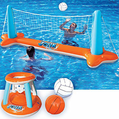 Picture of Inflatable Pool Float Set Volleyball Net & Basketball Hoops; Balls Included for Kids and Adults Swimming Game Toy, Floating, Summer Floaties, Volleyball Court (105x28x35)|Basketball (27x23x27).