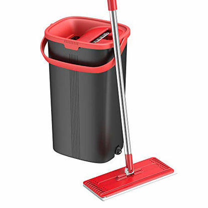 Picture of TETHYS Flat Floor Mop and Bucket Set for Professional Home Floor Cleaning System with Aluminum Handle/2-Washable Microfiber Pads Perfect Home + Kitchen Cleaner for Hardwood, Laminate, Tiles, Vinyl