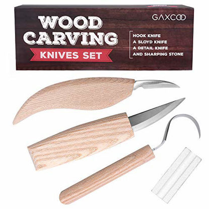 Picture of Wood Carving Tools Kit, Sloyd, Hook, Detail Knives, Hardwood Handle Grips, Carbide Blades, Sharpener Included 4 Piece Set