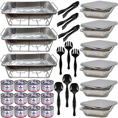 Picture of Buffet Serving Kit, 3 Sets W/Fuel- Wire Racks, Water Pans, Half Size Food Pans w/covers, Serving Spoons, Forks, Tongs, 12 Fuel Cans (2.5 hrs each)- Chafing Dish Food Warmers for Parties and Catering