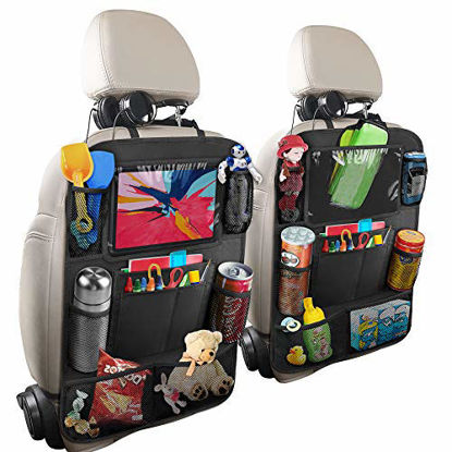 Picture of anban Car Backseat Organizer, Seat Back Protectors with 10 inch Tablet Holder + 9 Storage Pockets Kick Mats for Book Drink Toy Bottle, Travel Accessories for Kids Toddlers Black, 2 Pack