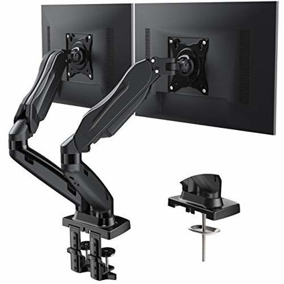 Picture of Huanuo Dual Monitor Stand - Adjustable Spring Monitor Desk Mount Swivel Vesa Bracket with C Clamp, Grommet Mounting Base for 17 to 27 Inch Computer Screens - Each Arm Holds 4.4 to 14.3lbs