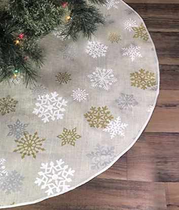 Picture of Celebrate A Holiday Christmas Tree Skirt - Premium Quality 50 Inch Diameter Golden, White and Silver Snow Flake Pattern for a Warm Traditional Look - Perfect Compliment to Your Christmas Decorations