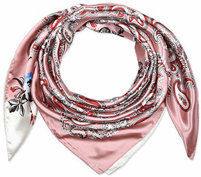 Picture of 35" 90cm Women Silk Like Square Hair Scarves Sleeping Wraps Headscarfs Baby Pink Anti-Flash White Paisley Flower