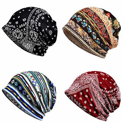 Picture of 4 PCS Chemo Caps, Womens Baggy Slouchy Beanie Hat Sport Casual Headwear Wide Headbands Scarf Sleep Chemo Slouchy Snood Hats Cancer Headwear Head Wrap Sweatband for Cancer Patients Yoga Running
