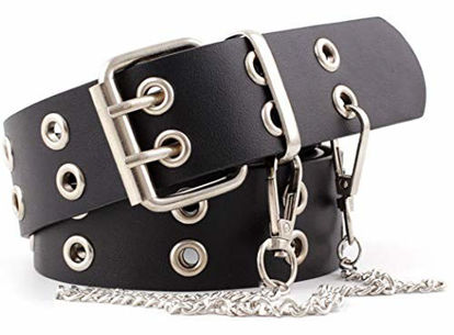 Picture of Double-Grommet-Belt Leather Punk-Waist-Belt with Chain for Women Jeans Dresses (Black with Chain)
