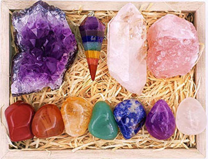 Picture of Premium Healing Crystals Kit in Wooden Box - 7 Chakra Set Tumbled Stones, Rose Quartz, Amethyst Cluster, Crystal Points, Chakra Pendulum + 82 Page E-Book + 20x6 Reference Guide Poster, Ribbon Bow