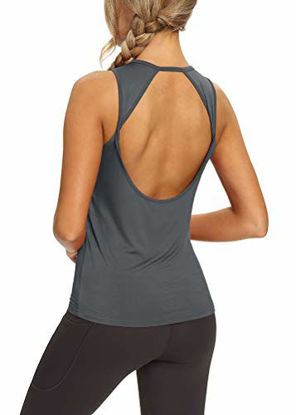 Picture of Mippo Cute Workout Tops for Women Yoga Tank Tops Loose Fit Sleeveless Athletic Gym Tops Open Back Tennis Shirts Muscle Tank Summer Workout Clothes for Women Dark Gray M