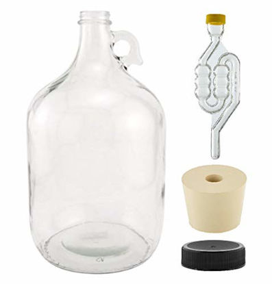 Picture of North Mountain Supply 1 Gallon Glass Fermenting Jug with Handle, 6.5 Rubber Stopper, Twin Bubble Airlock, Black Plastic Lid (Set of 1)