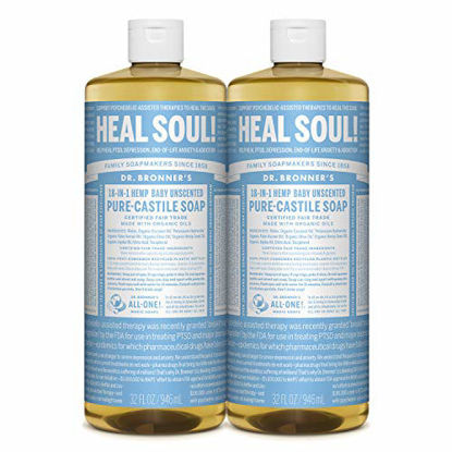 Picture of Dr. Bronners - Pure-Castile Liquid Soap (Baby Unscented, 32 ounce, 2-Pack) - Made with Organic Oils, 18-in-1 Uses: Face, Hair, Laundry and Dishes, For Sensitive Skin and Babies, No Added Fragrance
