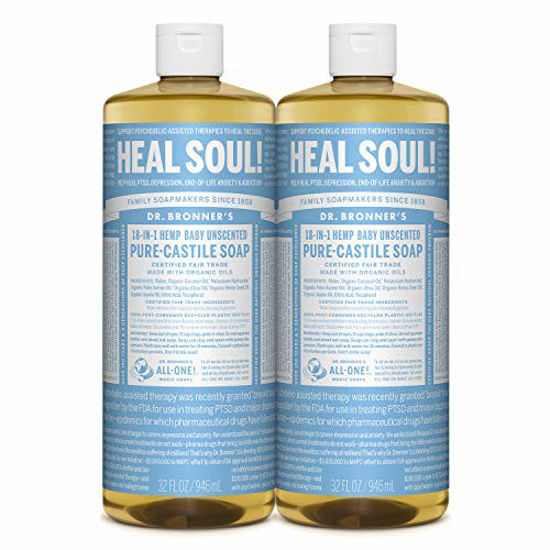 Picture of Dr. Bronners - Pure-Castile Liquid Soap (Baby Unscented, 32 ounce, 2-Pack) - Made with Organic Oils, 18-in-1 Uses: Face, Hair, Laundry and Dishes, For Sensitive Skin and Babies, No Added Fragrance