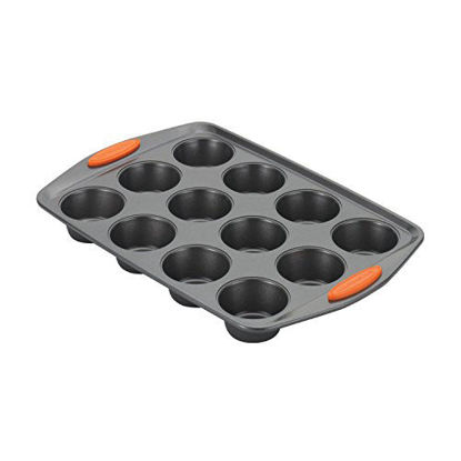 Picture of Rachael Ray Yum -o Nonstick Bakeware 12-Cup Muffin Tin With Grips / Nonstick 12-Cup Cupcake Tin With Grips - 12 Cup, Gray