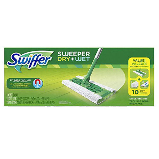 GetUSCart- Swiffer Sweeper Cleaner Dry and Wet Mop Starter Kit for Cleaning  Hardwood and Floors, Includes: 1 Mop, 7 Dry Cloths, 3 Wet Cloths