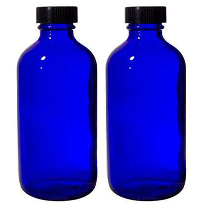 Picture of 8 oz Cobalt Blue Glass Boston Round Bottle with Black Phenolic Cone Lined Caps (2 Pack)