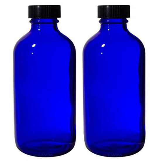 Picture of 8 oz Cobalt Blue Glass Boston Round Bottle with Black Phenolic Cone Lined Caps (2 Pack)