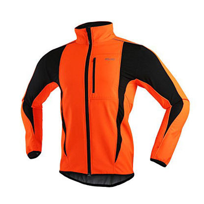Picture of ARSUXEO Winter Warm UP Thermal Softshell Cycling Jacket Windproof Waterproof Bicycle MTB Mountain Bike Clothes 15-K Orange Size Large
