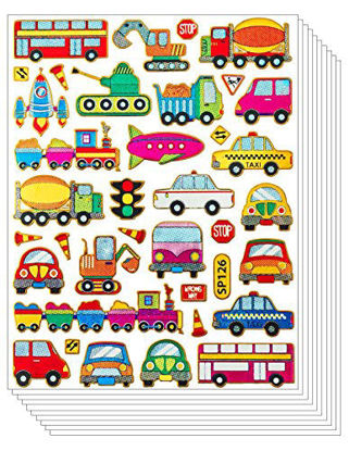 Picture of Car Glitter Sticker - Vivid Truck Bus Tank Taxi Train Railway Van Booloon Vehicle Toy for Scrapbook Card Craft for Kids (10 Sheets)