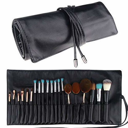Picture of Relavel Makeup Brush Rolling Case Pouch Holder Cosmetic Bag Organizer Travel Portable 18 Pockets Cosmetics Brushes Black Leather Case