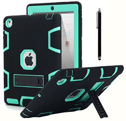 Picture of iPad 2 Case,iPad 3 Case,iPad 4 Case, AICase Kickstand Shockproof Heavy Duty Rubber High Impact Resistant Rugged Hybrid Three Layer Armor Protective Case with Stylus for iPad 2/3/4 (Black+Mint Blue)