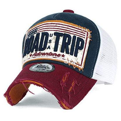 Picture of ililily Road Trip Vintage Distressed Snapback Trucker Hat Baseball Cap, Navy