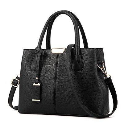 Picture of Covelin Women's Top-handle Cross Body Handbag Middle Size Purse Durable Leather Tote Bag Black
