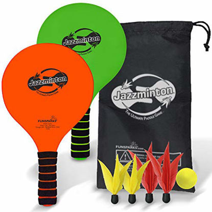 Picture of Jazzminton Paddle Ball Game with Carry Bag - Indoor Outdoor Toy - Play at The Beach, Lawn or Backyard - 2 Wooden Racquets - 4 Shuttlecocks - 1 Ball