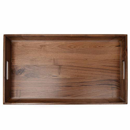 Picture of KINGCRAFT 24"x13" XL Wooden Tray Ottoman Tray With Handle FSC Natural Handmade Black Walnut Serving Tray Vintage Decorative Platters for Oversized Ottoman Kitchen