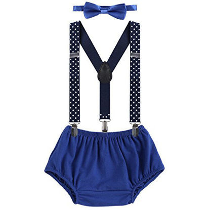 Picture of Baby Boys First Birthday Adjustable Y Back Elastic Clip Suspenders Cake Smash Outfit Tuxedo Pre-tied Bloomers Bowtie set (Blue + Navy)
