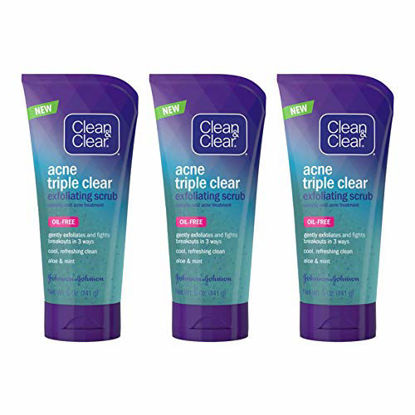 Picture of Clean & Clear Acne Triple Clear Exfoliating Facial Scrub with Salicylic Acid Acne Medicine, Aloe & Mint for Acne-Prone Skin Care, Oil-Free & Non-Comedogenic, 5 oz (Pack of 3)