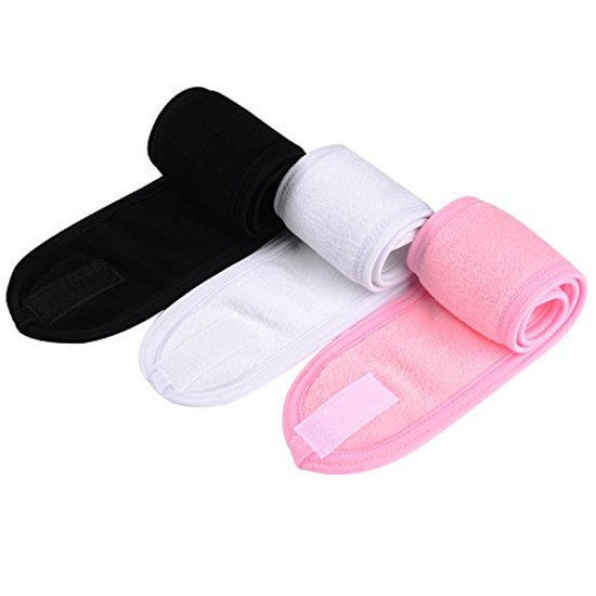 Picture of Whaline Spa Facial Headband Make Up Wrap Head Terry Cloth Headband Adjustable Towel for Face Washing, Shower, 3 Pieces (White, Black, Pink)