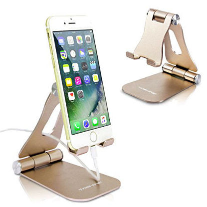 Picture of Cell Phone Stand Foldable YoShine Aluminum Phone Holder Phone Stand and Cable Organizer for Charging Desktop Cell Phone Holder Adjustable Phone Stand Dock for iPhone iPad/Mini Samsung Tablets - Gold