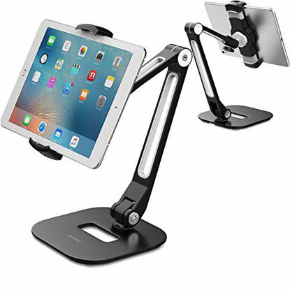 Picture of AboveTEK Long Arm Aluminum Tablet Stand, Folding iPad Stand with 360° Swivel iPhone Clamp Mount Holder, Fits 4-11" Display Tablet/Phones for Kitchen Table Bedside Office Desk POS Kiosk Reception